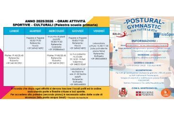 Calendario attività realizzate nella palestra scuola primaria (via maestra,36)  e realizzate nei locali dell'Araba Fenice (via San Sebastiano,21/b)
